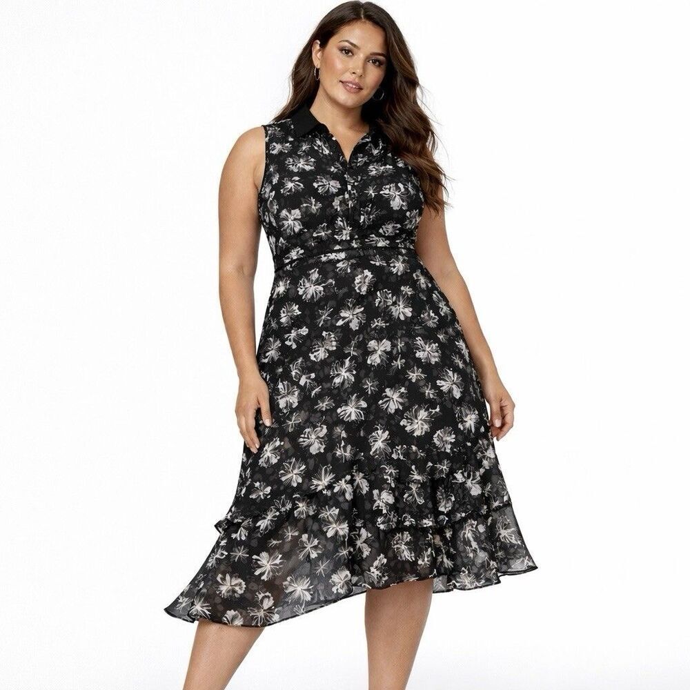 Simply Vera Wang XL Black Floral Chiffon Dress Asymmetrical Hem Sleeveless